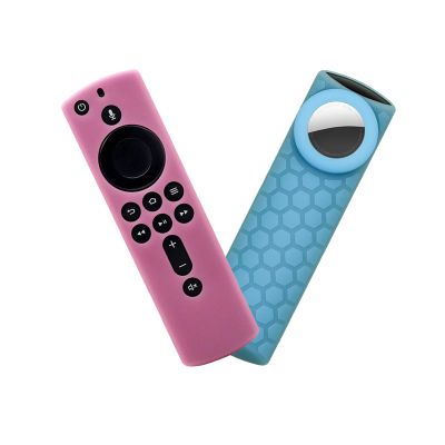 2 in 1 Silicone Protective Case Sleeve with Holder for AirTags and TV (3rd Gen)/ All-New 2nd Gen Remote Control, Compatible for TV Stick 4K Remote Cover, Glow in The Dark(Pink/Sky Blue)