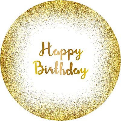 Laeacco Happy Birthday Round Backdrop for Women 7.5x7.5ft Polyester Gold Glitter White Photography Background Birthday Party Decoration Cake Table Banner Kids Adults Portrait Photo Studio Shoot Prop