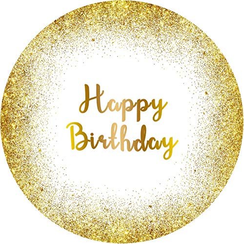 Laeacco Happy Birthday Round Backdrop for Women 7.5x7.5ft Polyester Gold Glitter White Photography Background Birthday Party Decoration Cake Table Banner Kids Adults Portrait Photo Studio Shoot Prop