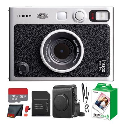 Fujifilm Instax Mini EVO Hybrid Instant Camera (Black) Bundle with Instax-Mini Twin Pack Instant-Film 20 Sheets + 32GB Memory Card + Vintage Black Mini-Evo Camera Case + Cleaning Cloth