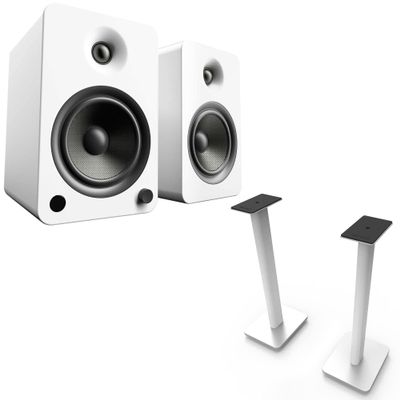 Kanto YU6MW YU6 White Powered Bluetooth Bookshelf Speaker System w/ SP26PLW 26" Stands Home Audio Bundle