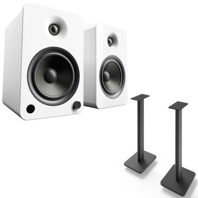 Kanto YU6MW YU6 White Powered Bluetooth Bookshelf Speaker System w/ SP26PL 26" Stands (Black) Home Audio Bundle