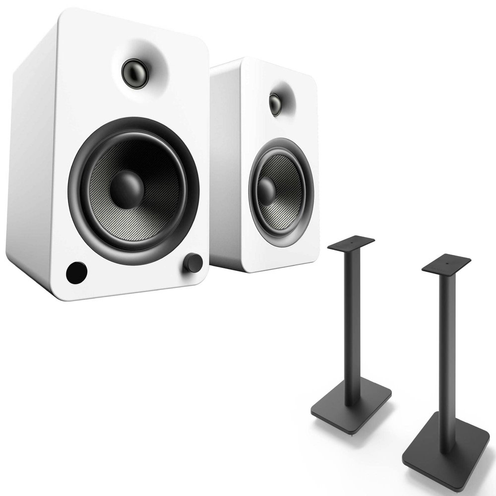 Kanto YU6MW YU6 White Powered Bluetooth Bookshelf Speaker System w/ SP26PL 26" Stands (Black) Home Audio Bundle