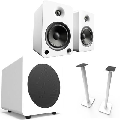 Kanto YU6MW YU6 (White) Powered Bluetooth Bookshelf Speaker System w/ SUB8 250 Watt Subwoofer & SP32 32" Floor Stands (SP32PLW, White) Home Audio Bundle