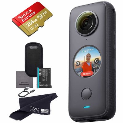 Insta360 ONE X2 360 Camera with Touchscreen - 5.7K30 360 Video, Front Steady Cam Mode, 18MP 360 Photo + InstaPano | Bundle Includes 256GB Memory Card (2 Items)