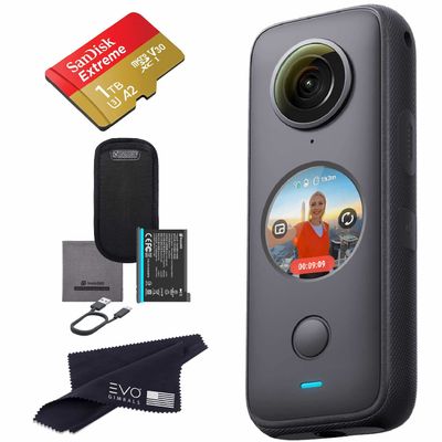 Insta360 ONE X2 360 Camera with Touchscreen - 5.7K30 360 Video, Front Steady Cam Mode, 18MP 360 Photo + InstaPano | Bundle Includes 1TB Memory Card (2 Items)