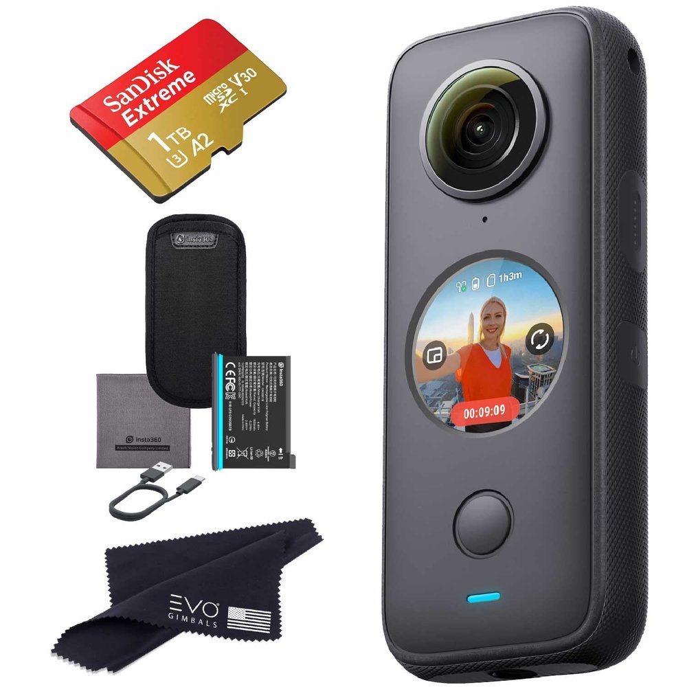 Insta360 ONE X2 360 Camera with Touchscreen - 5.7K30 360 Video, Front Steady Cam Mode, 18MP 360 Photo + InstaPano | Bundle Includes 1TB Memory Card (2 Items)