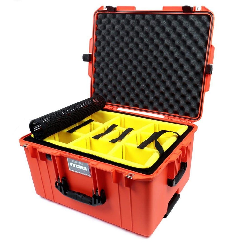 Pelican Color Case Orange Pelican 1607 Air case with Black Handles & latches. Comes with Yellow Padded dividers.