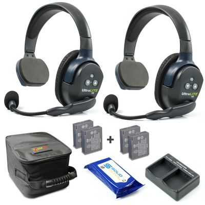 Eartec UL2S Ultralite Full Duplex Wireless Headset Communication for 2 Users - 2 Single Ear Headsets with Two (2) Additional Batteries and SolidSignal Cleaning Wipes Bundle