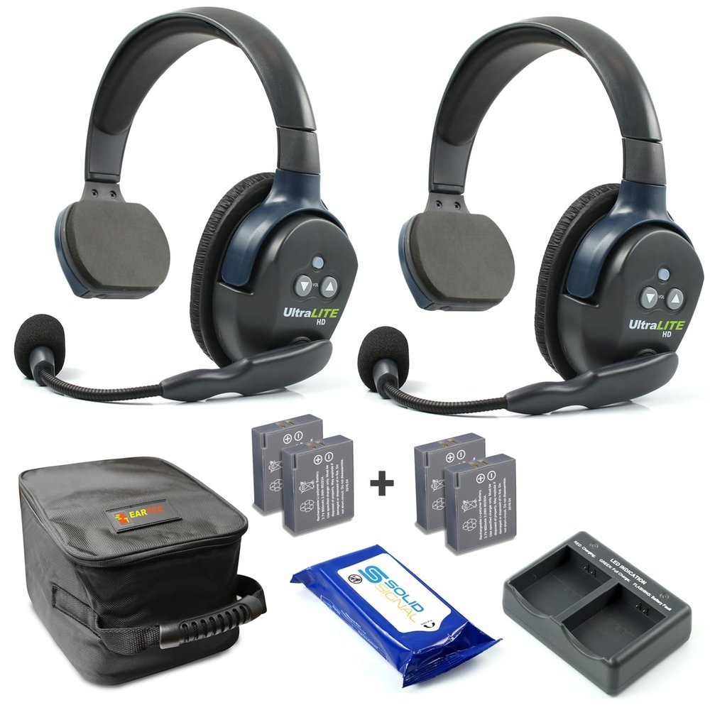 Eartec UL2S Ultralite Full Duplex Wireless Headset Communication for 2 Users - 2 Single Ear Headsets with Two (2) Additional Batteries and SolidSignal Cleaning Wipes Bundle