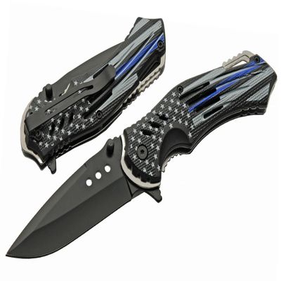 SZCO Supplies 8-Inch Police Flag Folding Knife Assisted Open Liner Lock EDC Pocket Knife with Stainless Steel Clip Point Blade and Thin Blue Line Handle for Everyday Carry
