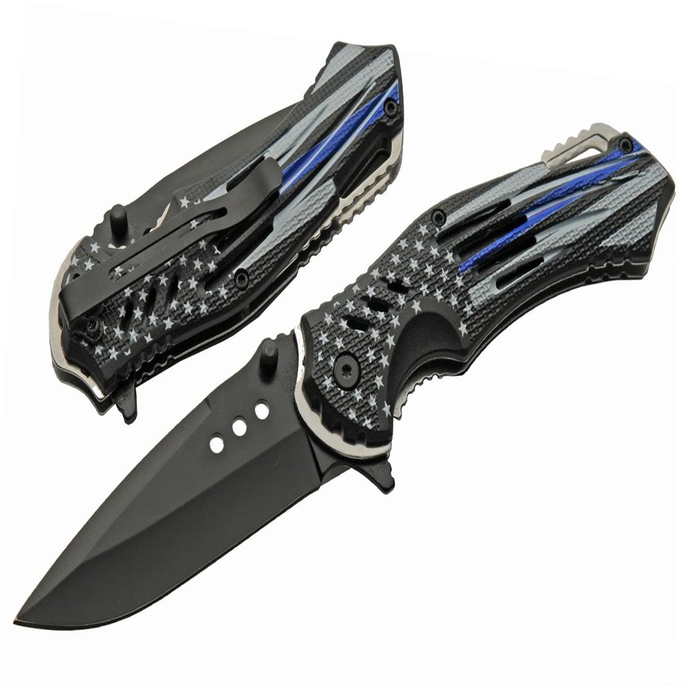 SZCO Supplies 8-Inch Police Flag Folding Knife Assisted Open Liner Lock EDC Pocket Knife with Stainless Steel Clip Point Blade and Thin Blue Line Handle for Everyday Carry