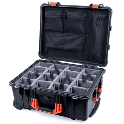 Black Pelican 1610 case with Orange Handles & latches. Comes with Grey Dividers & mesh Lid Organizer.