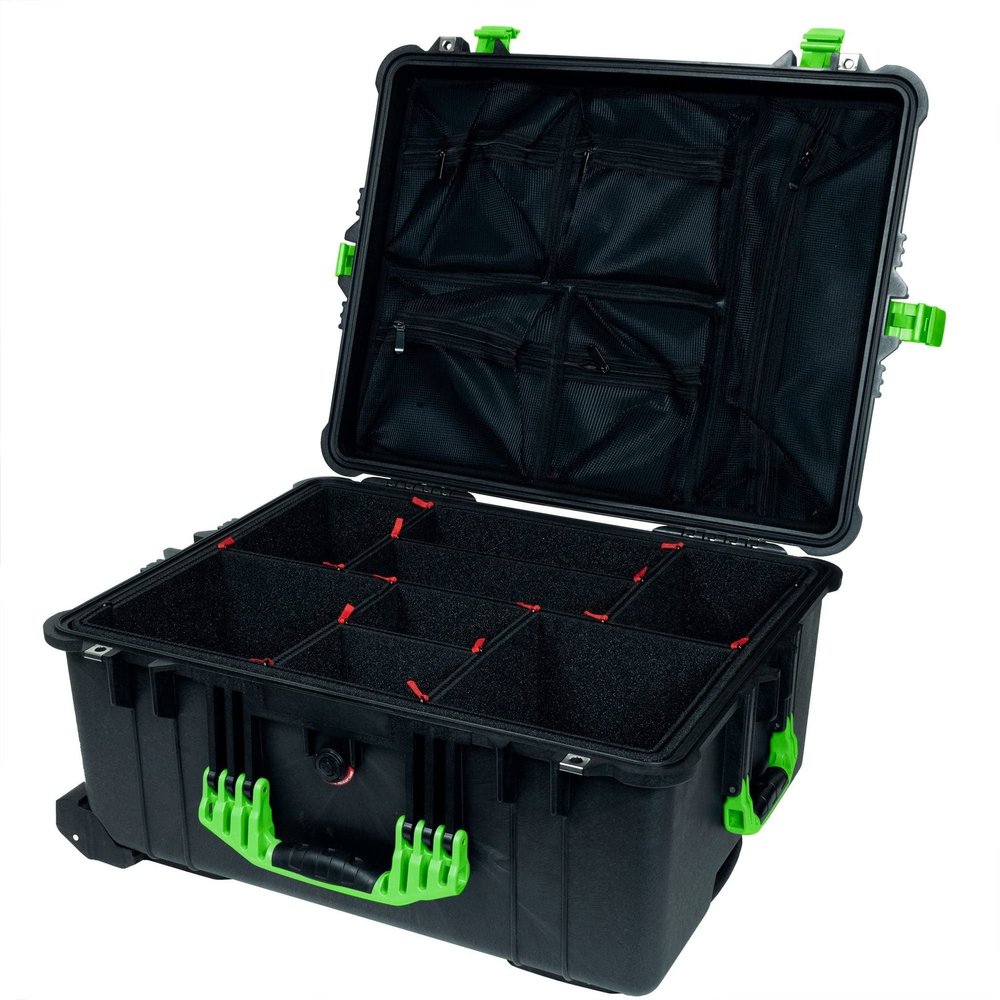 Black Pelican 1610 case with Lime Green Handles & latches. Comes with Trekpak Dividers & mesh Lid Organizer.