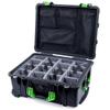 Black Pelican 1610 case with Lime Green Handles & latches. Comes with Grey Dividers & mesh Lid Organizer. view 1