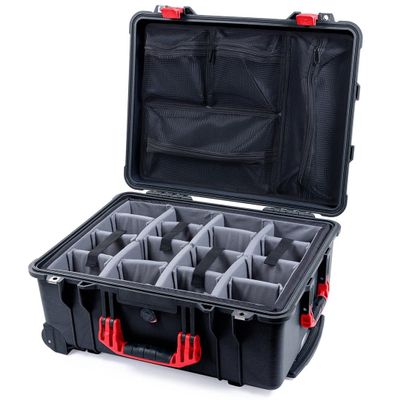 Pelican Color Case Black Pelican 1610 case with Red Handles & latches. Comes with Grey Dividers & mesh Lid Organizer.