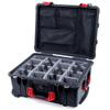Pelican Color Case Black Pelican 1610 case with Red Handles & latches. Comes with Grey Dividers & mesh Lid Organizer. view 1