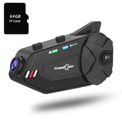 FreedConn R1 Plus Motorcycle Helmet Bluetooth Headset with Camera Recorder, Motorcycle Communication Systems, WiFi 1080P 0.75mi/1200m 6 Riders Group Intercom, 64G TF Card