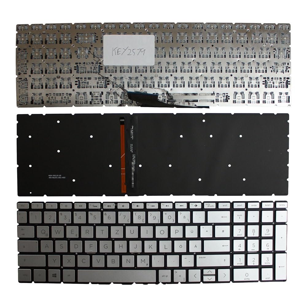 Power4Laptops German Layout Backlit Silver Replacement Laptop Keyboard Compatible with HP Home 15-da0123TU