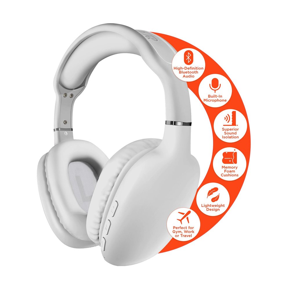 HyperGear Wireless Headphones Bluetooth White- Noise Isolation Headphones Wireless Over The Ear Head Phones, Gym Headset Built-in Mic Controls Square Foam Cups Foldable Headphone for Women and Men