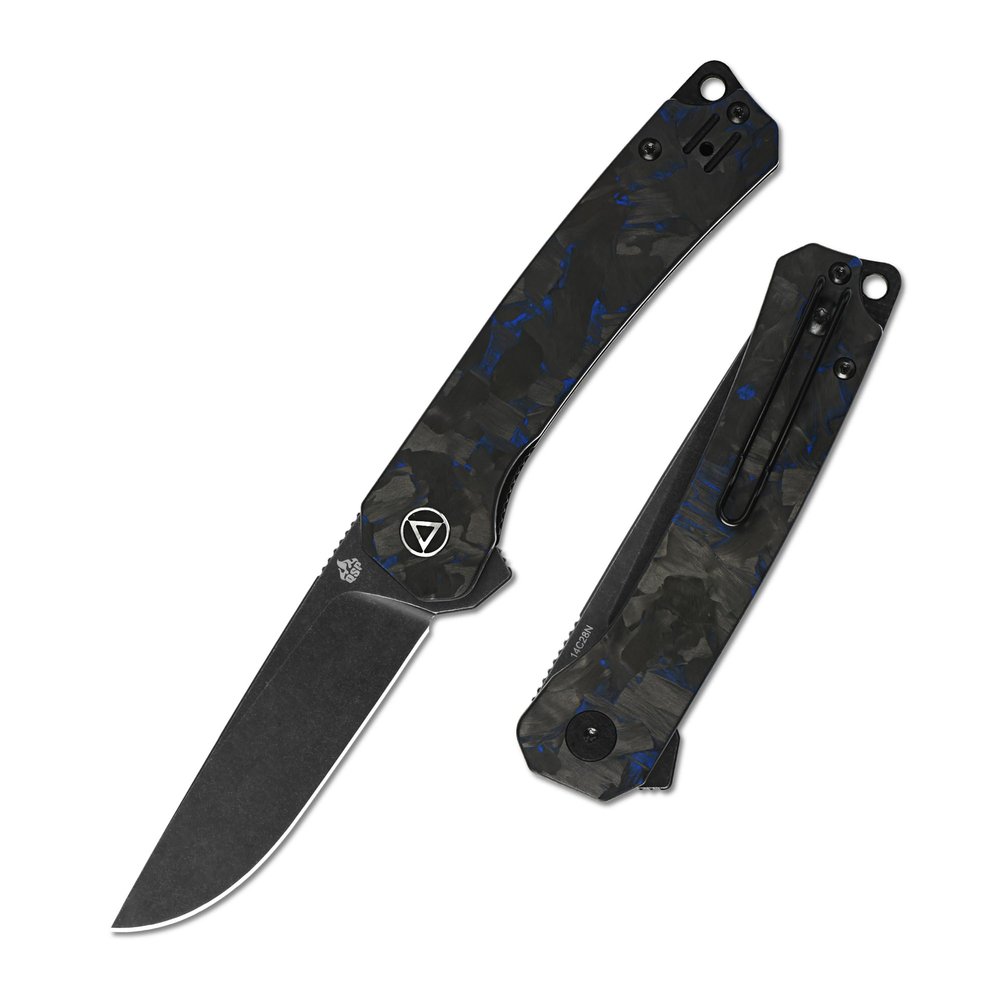 QSP Osprey Folding Pocket Knife, 3.25" Sandvik 14C28N Black Stonewash EDC Knife, Blue Shredded CF Overlay G10 Handle, Liner Lock, Ceramic Ball Bearings, Reversible Wire Deep Carry Clip