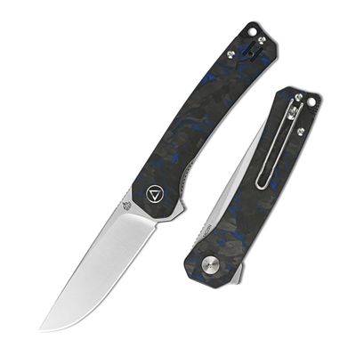 QSP Osprey Folding Pocket Knife, 3.25" Sandvik 14C28N Satin EDC Knife, Blue Shredded CF Overlay G10 Handle, Liner Lock, Ceramic Ball Bearings, Reversible Wire Deep Carry Clip