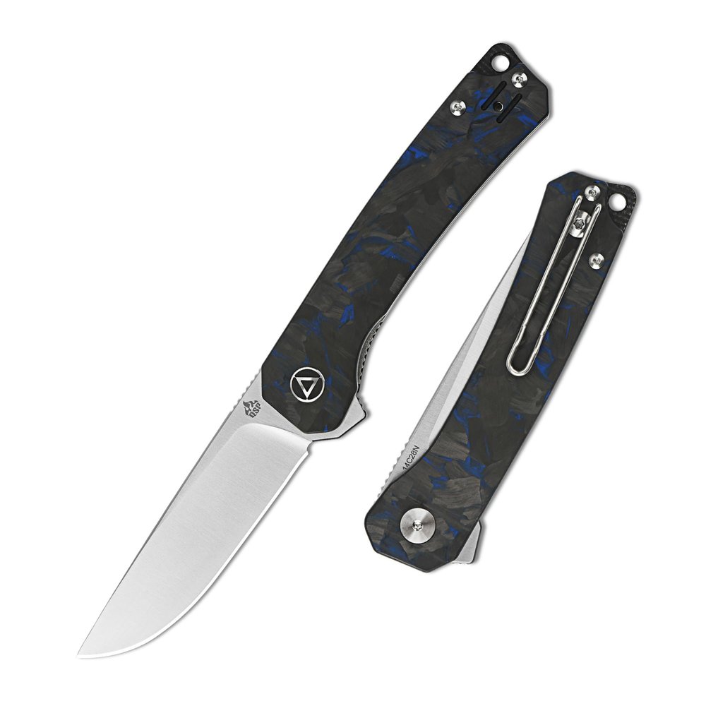 QSP Osprey Folding Pocket Knife, 3.25" Sandvik 14C28N Satin EDC Knife, Blue Shredded CF Overlay G10 Handle, Liner Lock, Ceramic Ball Bearings, Reversible Wire Deep Carry Clip