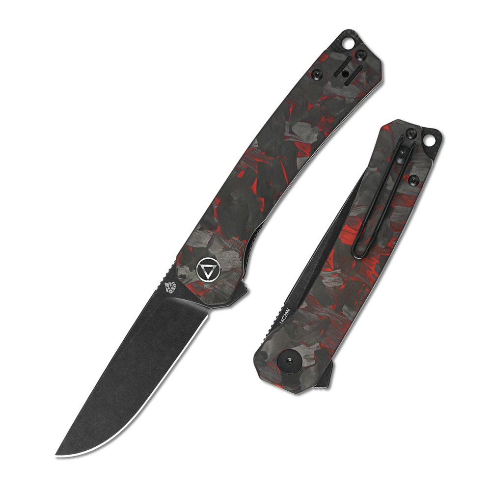 QSP Osprey Folding Pocket Knife, 3.25" Sandvik 14C28N Black Stonewash EDC Knife, Red Shredded CF Overlay G10 Handle, Liner Lock, Ceramic Ball Bearings, Reversible Wire Deep Carry Clip