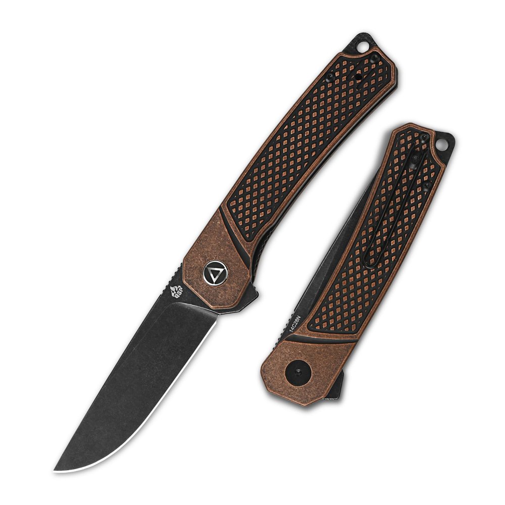 QSP Osprey Folding Pocket Knife, 3.25" Sandvik 14C28N Black Stonewash EDC Knife, Copper Stonewash Handle, Liner Lock, Ceramic Ball Bearings, Reversible Wire Deep Carry Clip