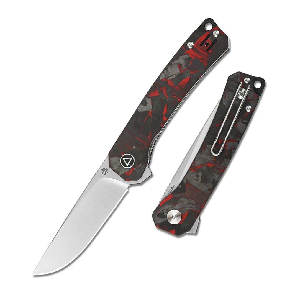 QSP Osprey Folding Pocket Knife, 3.25" Sandvik 14C28N Satin EDC Knife, Red Shredded CF Overlay G10 Handle, Liner Lock, Ceramic Ball Bearings, Reversible Wire Deep Carry Clip