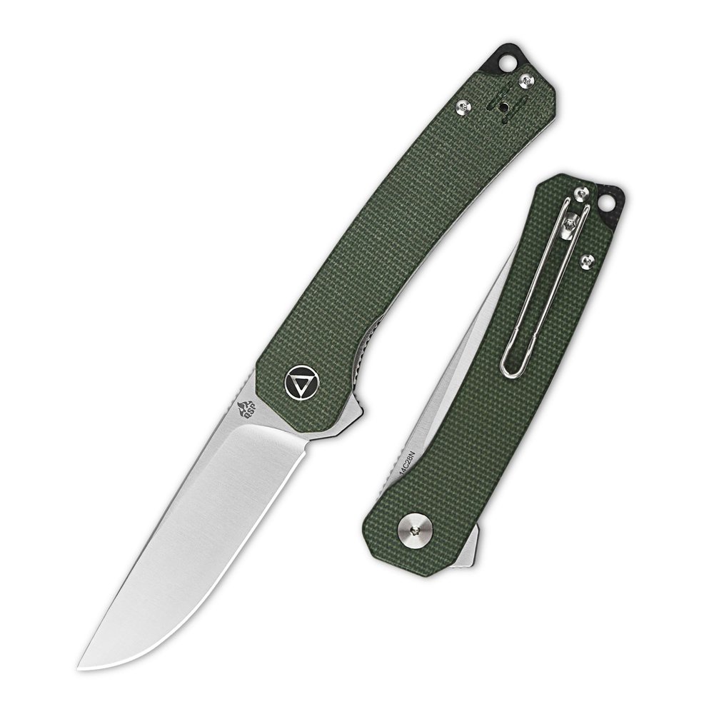 QSP Osprey Folding Pocket Knife, 3.25" Sandvik 14C28N Satin EDC Knife, Green Micarta Handle, Liner Lock, Ceramic Ball Bearings, Reversible Wire Deep Carry Clip