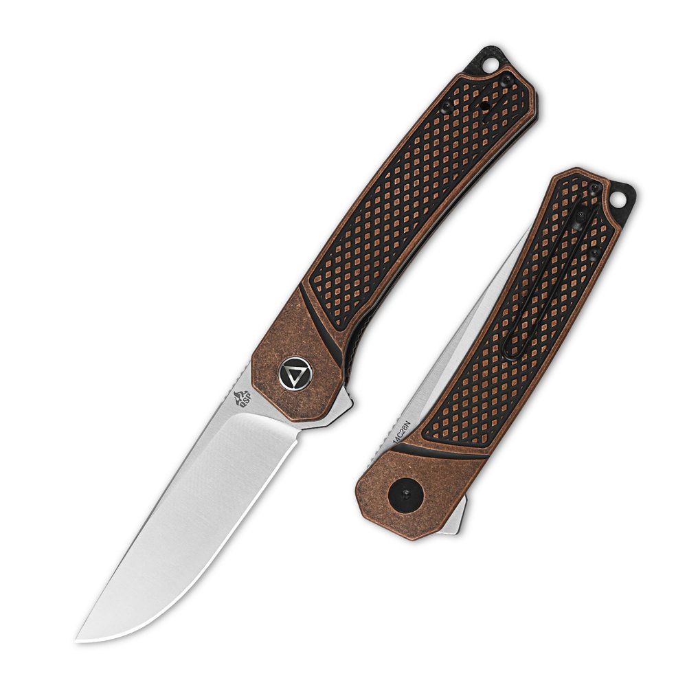 QSP Osprey Folding Pocket Knife, 3.25" Sandvik 14C28N Satin EDC Knife, Copper Stonewash Handle, Liner Lock, Ceramic Ball Bearings, Reversible Wire Deep Carry Clip