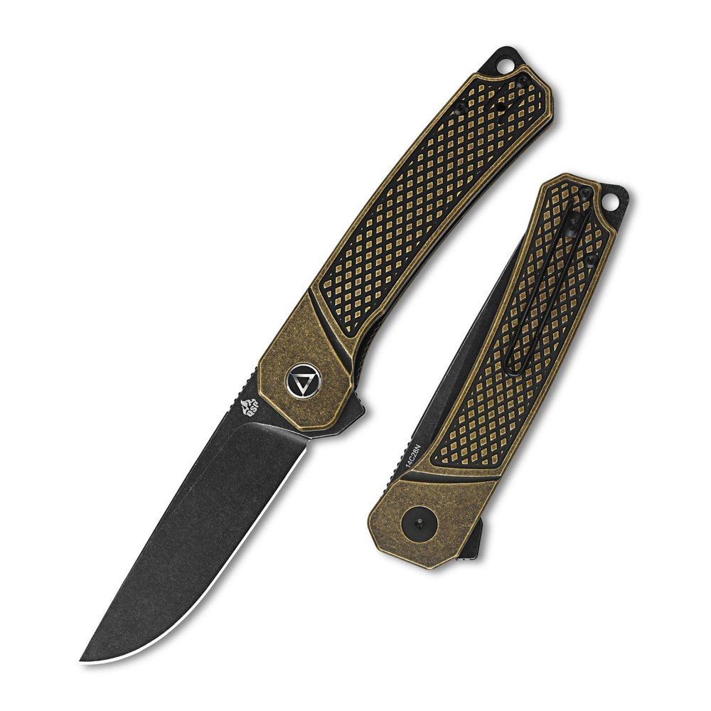 QSP Osprey Folding Pocket Knife, 3.25" Sandvik 14C28N Black Stonewash EDC Knife, Brass Stonewash Handle, Liner Lock, Ceramic Ball Bearings, Reversible Wire Deep Carry Clip