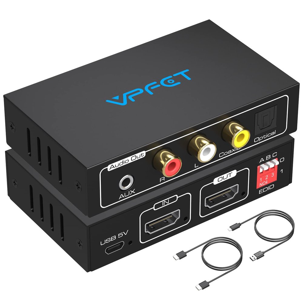 VPFET HDMI Audio Extractor 4K Splitter to Optical 3.5mm AUX L or R Coaxial Converter 8 EDID Settings Supports HDCP 1080p 3D Digital DTS 5.1 PCM for PS4 PS5 Xbox Fire Stick Pass Through CEC