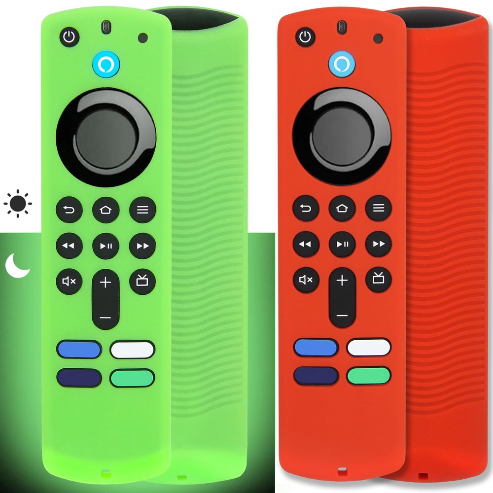 [2 Pack] Pinowu Remote Cover Case Compatible with Fire TV Stick/Fire TV Stick 4K Alexa Voice Remote 3rd Gen, Anti Slip Silicone Case with Lanyard (Green Glow & Red Not Glow)