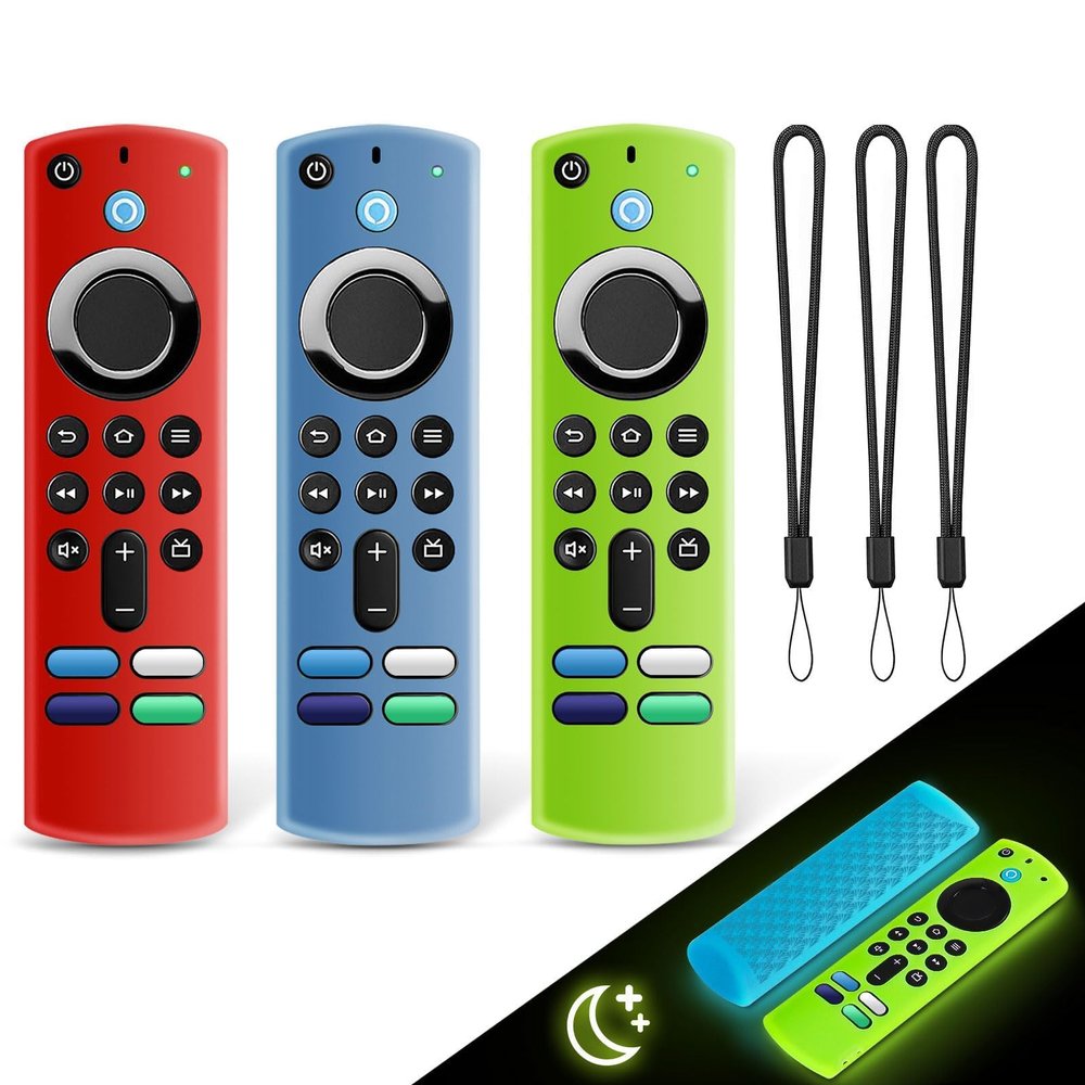 3 Pack Fire Stick Remote Cover, Glow in The Dark Remote Cover for 2021 Fire TV Stick 4K/Alexa Voice Remote 3rd Gen, Anti Slip Silicone Protective Case with Lanyard(Glow Blue & Glow Green & Red)