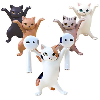 ATHAND 5 Pcs Cat Pen Holder Airpod Holder Stand,Anime Raising Hands Dancing Cat Model Desk Decor Funny Office Desk Decor for Women Girls