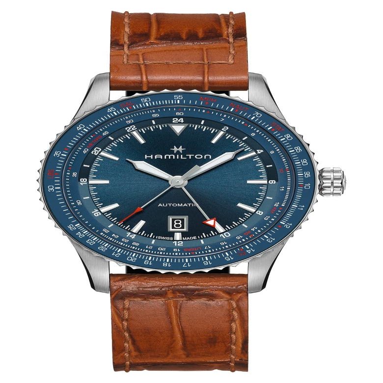 Hamilton Khaki Aviation Automatic Men's Watch, 42mm Stainless Steel Case, Swiss Made, Blue Dial Analog Wrist Watch for Men, 100m Waterproof, Sapphire Crystal, 3-Hand Movement, Cow Leather Strap