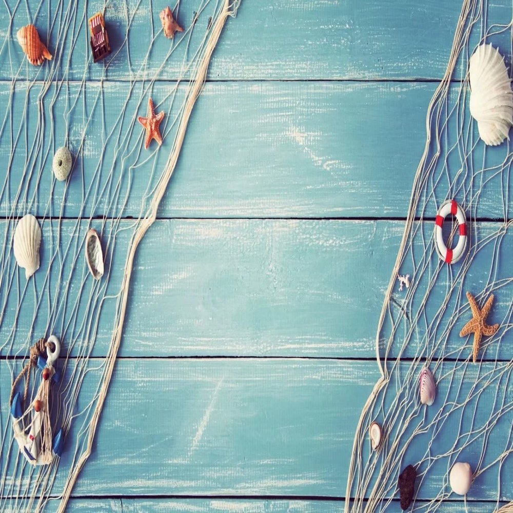 BELECO 5x4ft Fabric Nautical Backdrop Blue Wooden Wall Sailor Birthday Backdrop Fishing Net Steering Wheel Starfish Seashells Nautical Theme Baby Shower Birthday Party Decorations Studio Props