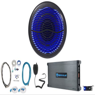 Rockville MS10LB Bundle: 10" 2400-Watt Peak Black Marine Free Air Subwoofer, DBM50 980-Watt RMS 5 Channel Boat Amplifier with Mic, RMWK4 4-Gauge Amp Wiring Kit, (2) MRCA25 25 ft RCA Cables, 5-Items