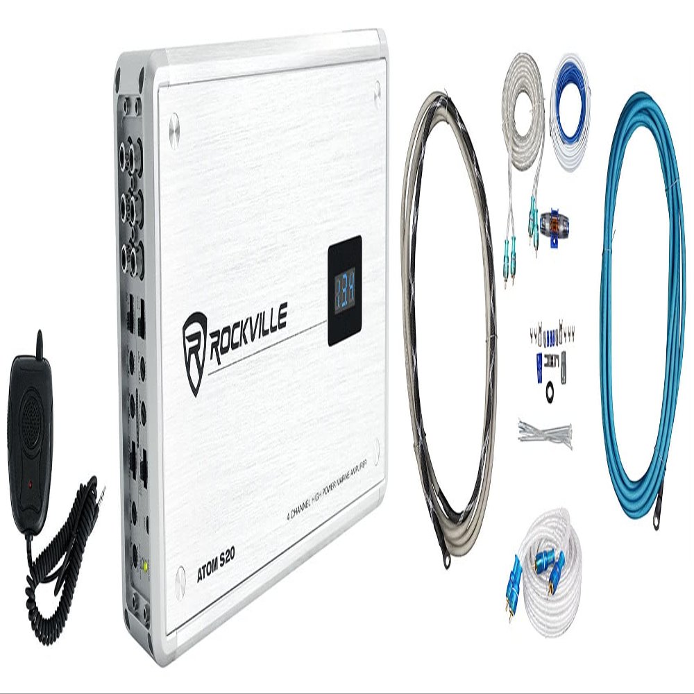 Rockville ATOM S20 Bundle: 1600 Watt Peak/440 Watt RMS Marine Bluetooth 4-Channel Amplifier with Volt Meter, PA Mic, RMWK4 4 AWG Waterproof Amp Wiring Kit, MRCA25 25 ft Twisted Pair RCA Cable, 3-items