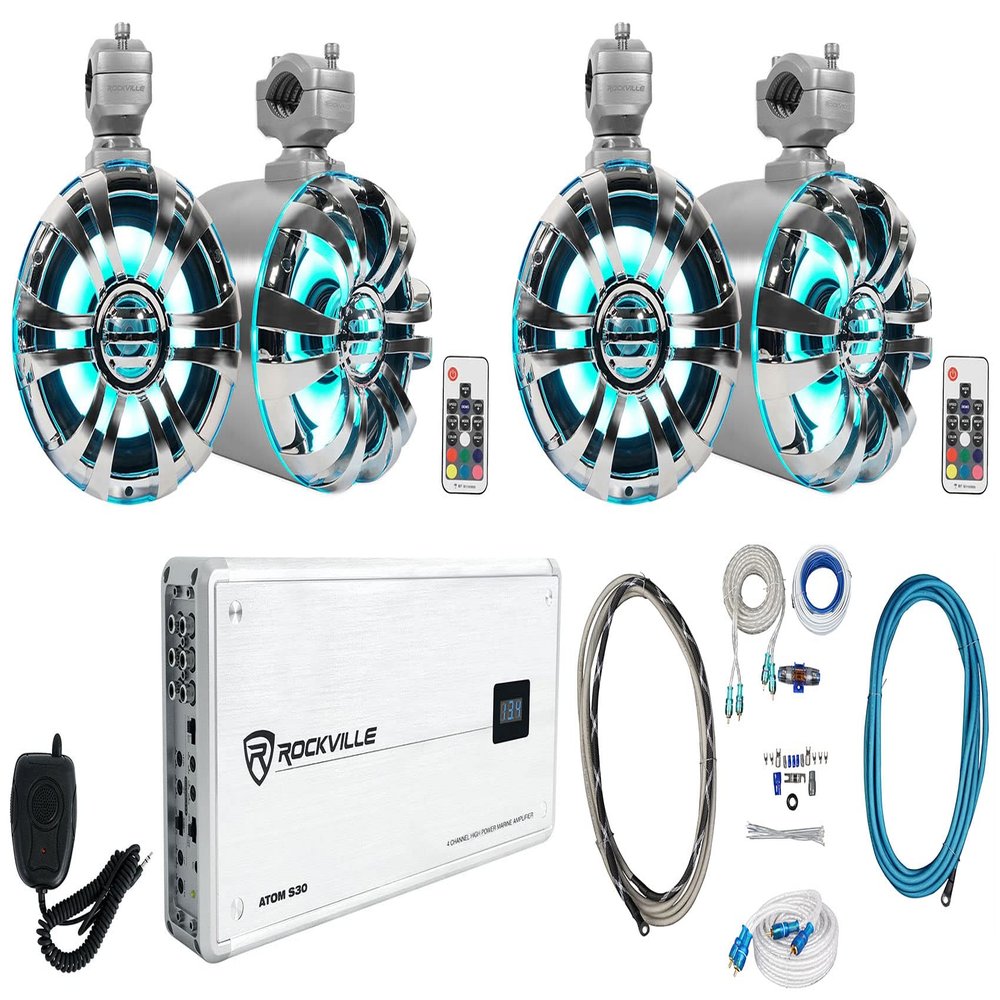 Rockville WB65KLED Bundle: (4) 6.5 in 300-Watt Peak/150-Watt RMS Metal Marine Wakeboard LED Tower Speakers with Remote, Atom S30 4-Channel Marine Amplifier, RMWK4 Amp Kit, MRCA25 RCA Cable, 7-Items