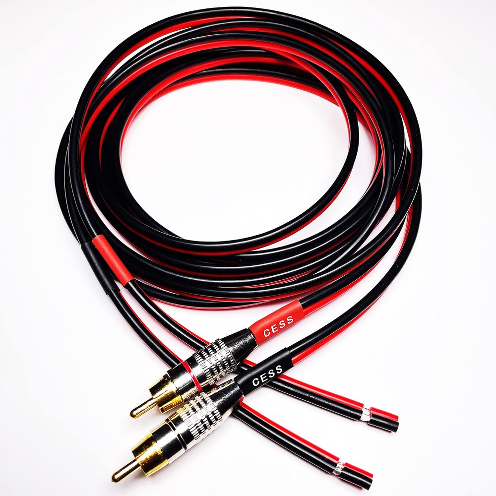 CNCESS CESS-064-10f Speaker Cables to RCA Plugs Adapter, 2-Channel, Silicone Tinned Copper Wire, DIY Open Wire Ends, Gold-Plated RCA Connectors (Red & Black) (10 FEET)