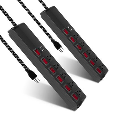 2 Pack Power Strip Surge Protector with 5 outlets E-Macht 6 Ft Cord Heavy Duty Metal Power Strip with Individual Switches 15A,300J Wall Mountable, for Workshop, Work Bench, Shop, Garage