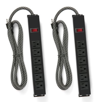 2 Pack Power Strip Surge Protector with 6 outlets E-Macht 6 Ft Cord Heavy Duty Metal Power Strip 15A,300J Wall Mountable, for Workshop, Work Bench, Shop, Garage