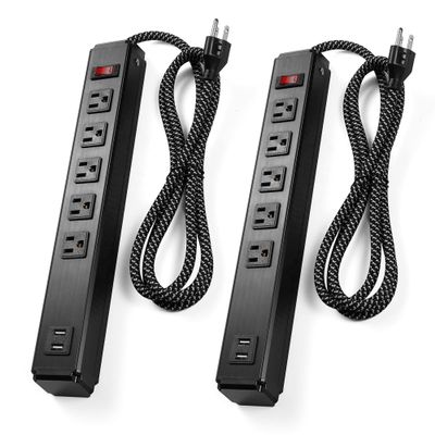 2 Pack Power Strip Surge Protector with 5 outlets & USB Port E-Macht 6 Ft Cord Heavy Duty Metal Power Strip 15A,300J Wall Mountable, for Workshop, Work Bench, Shop, Garage