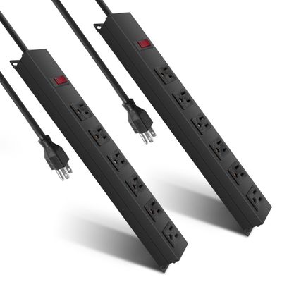 2 Pack Power Strip Surge Protector with 6 outlets E-Macht 6 Ft Cord Heavy Duty Metal Power Strip with Individual Switches 15A Wall Mountable, for Workshop, Work Bench, Shop, Garage