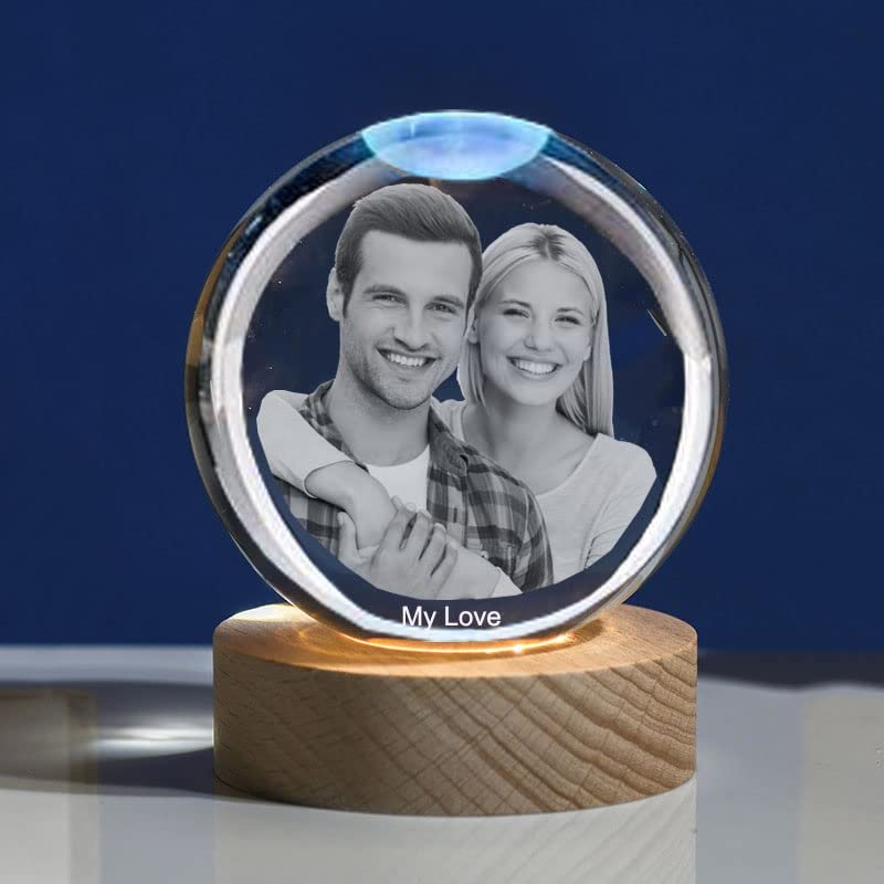3D Crystal Photo - 3D Crystal Picture Engraved Sphere Ball, Personalized Engraved Heart Crystal, Customized Memorial Anniversary 3D picture with light Gifts (Large Sphere ball, White light base)