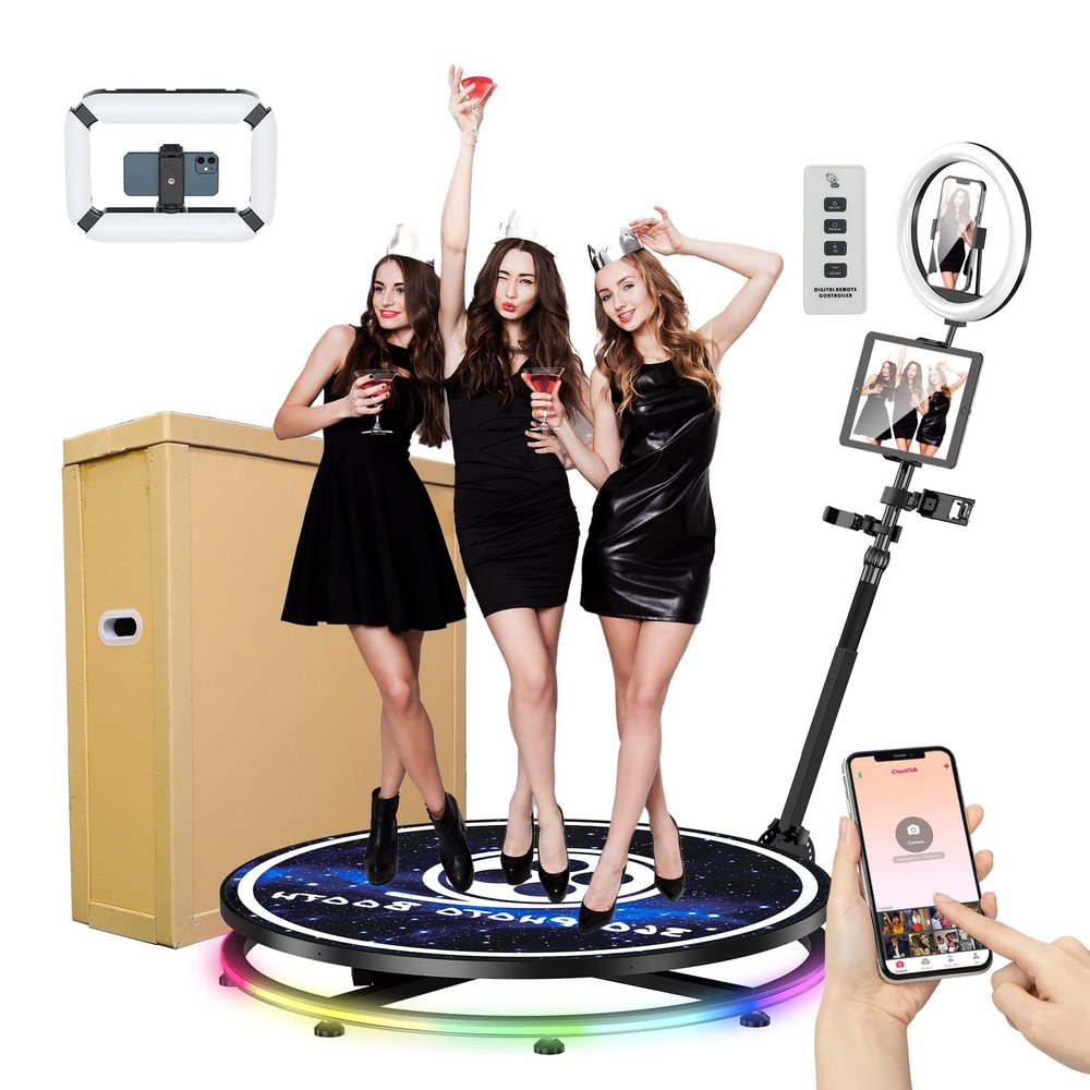360 Photo Booth 31.5" Machine with Honeycomb case+ Extra Free Battery Ring Light Stand Free Custom Logo with Extra Replacement Accessories,Software APP Control Rotating Platform Auto Slow Motion