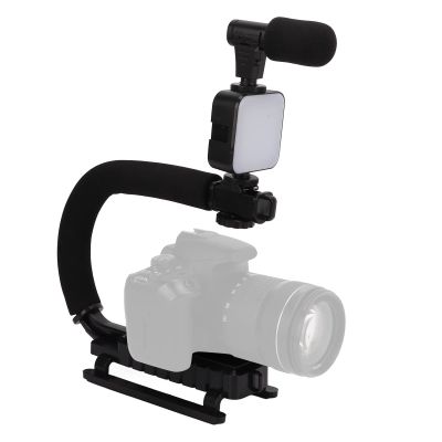 Handheld Video Camera Stabilizer, Portable U Shaped Bracket with LED Light Microphone, Prevent Shaking When, for SLR Camera, Mobile Phone, Digital Camera, Video Recorder